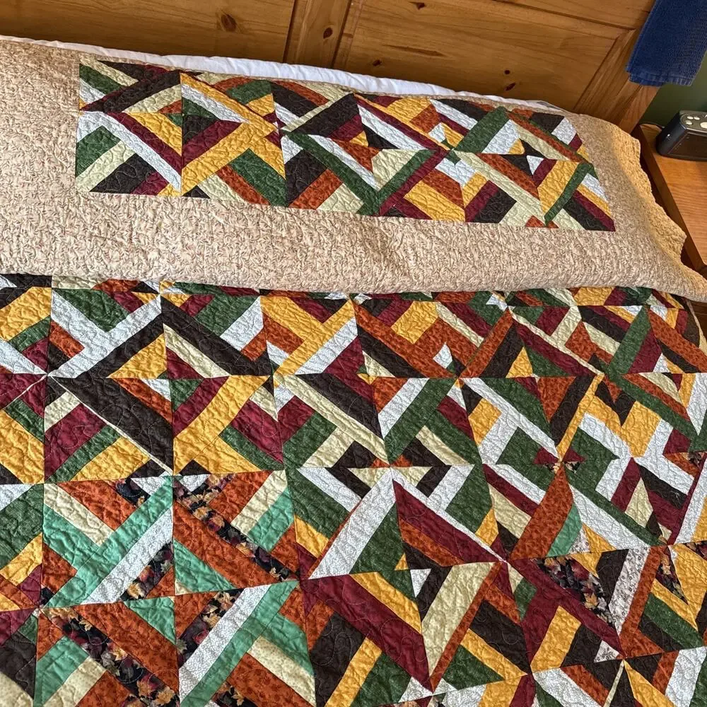 Amazing Vintage Handmade Joyful Plaid Quilt With Pillow Tuck Queen